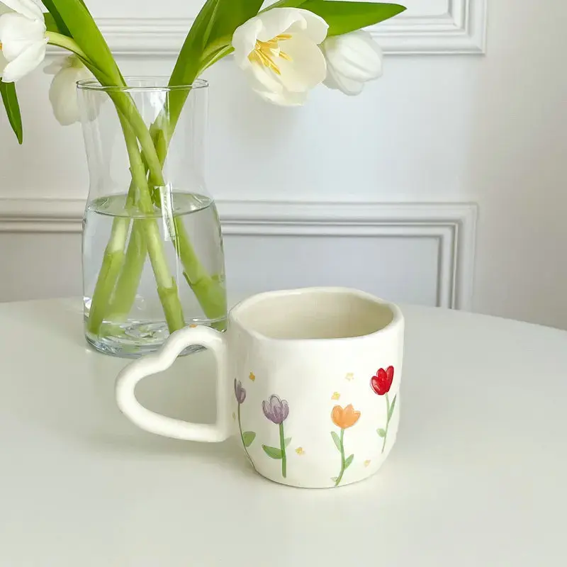 Cute Heart Ceramic Coffee Mugs Korean Style Ins Hand Painted Floral Hand Pinched Irregular Tea Milk Cup Breakfast Oatmeal Mug