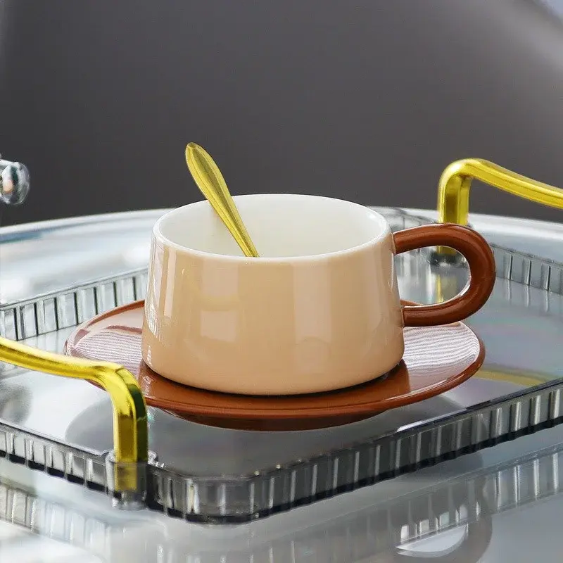 250ml Creative Contrasting colors Ceramic Coffee Cup with Saucer & Spoon Exquisite Retro Afternoon tea cup milk cup Espresso Mug