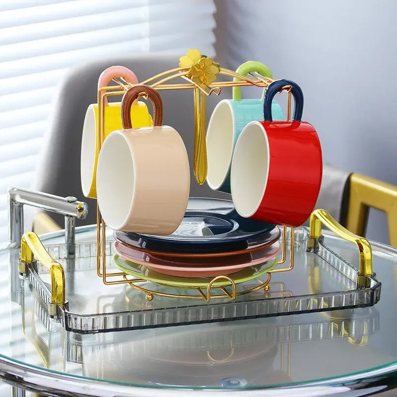 250ml Creative Contrasting colors Ceramic Coffee Cup with Saucer & Spoon Exquisite Retro Afternoon tea cup milk cup Espresso Mug