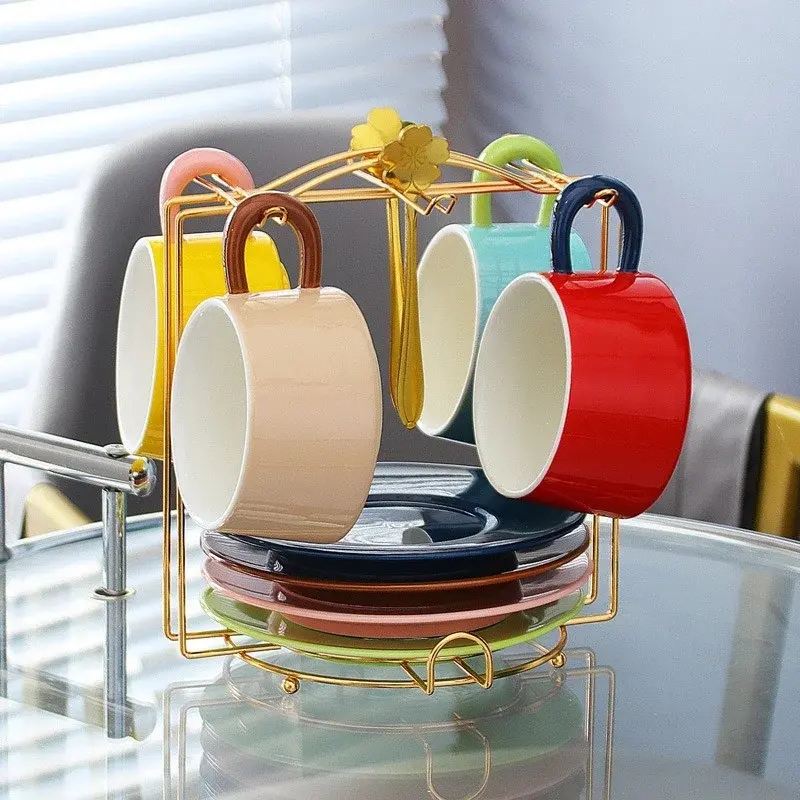 250ml Creative Contrasting colors Ceramic Coffee Cup with Saucer & Spoon Exquisite Retro Afternoon tea cup milk cup Espresso Mug