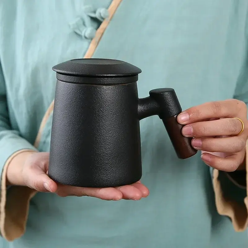 400ML Ceramic Tea Cup Tea Water Separation Cup with Filter Lid Large Capacity Home Office Wooden Handle Mug Filter Ceramic Cup