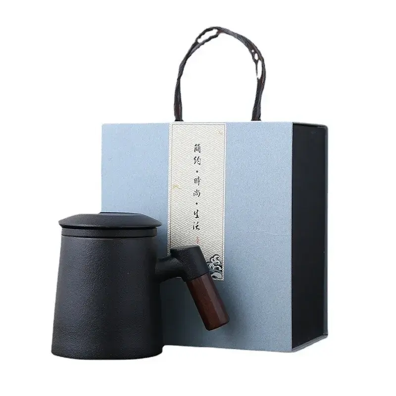 400ML Ceramic Tea Cup Tea Water Separation Cup with Filter Lid Large Capacity Home Office Wooden Handle Mug Filter Ceramic Cup