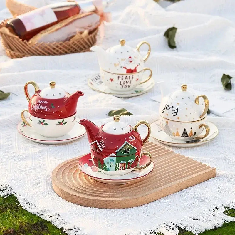 Christmas Ceramic Teapot Cup Teaware Set with Gift Box Gold Plated Handle Coffee Cup Saucer Spoon  Afternoon Tea Mug Xmas Gifts