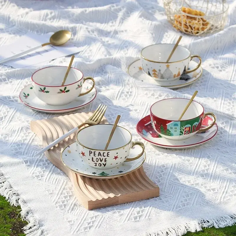 Christmas Ceramic Teapot Cup Teaware Set with Gift Box Gold Plated Handle Coffee Cup Saucer Spoon  Afternoon Tea Mug Xmas Gifts