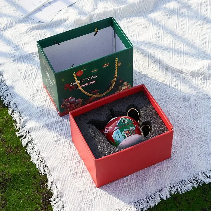 Christmas Ceramic Teapot Cup Teaware Set with Gift Box Gold Plated Handle Coffee Cup Saucer Spoon  Afternoon Tea Mug Xmas Gifts