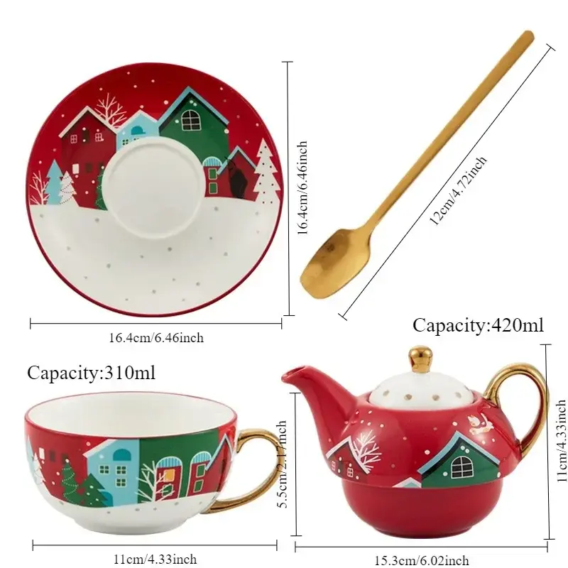 Christmas Ceramic Teapot Cup Teaware Set with Gift Box Gold Plated Handle Coffee Cup Saucer Spoon  Afternoon Tea Mug Xmas Gifts