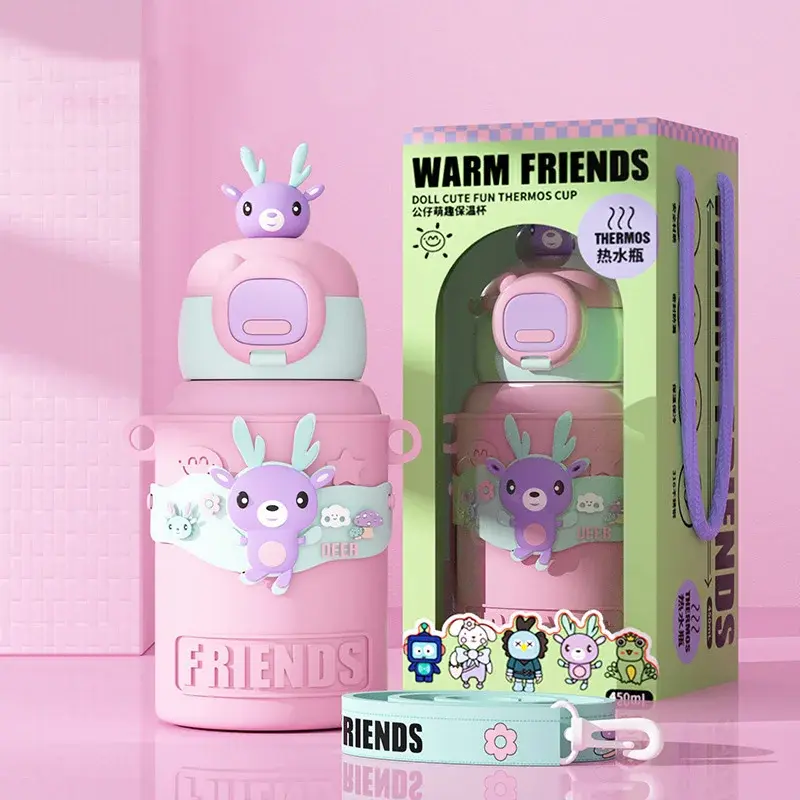 450ml Stainless Steel Insulated Bottle Cartoon Vacuum Flasks Cup for Student Silicone Sleeve Thermos Mug Water Bottle Kids gift