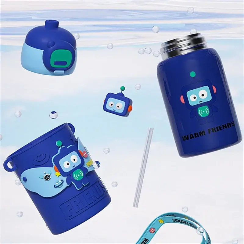 450ml Stainless Steel Insulated Bottle Cartoon Vacuum Flasks Cup for Student Silicone Sleeve Thermos Mug Water Bottle Kids gift