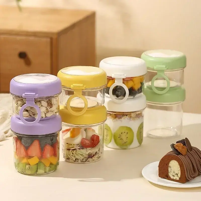 1/2Layer Fruit Yogurt Cup with Spoon Food Container Clear Portable Breakfast Oat Fruit Salad Seal Cup for Students Office Worker