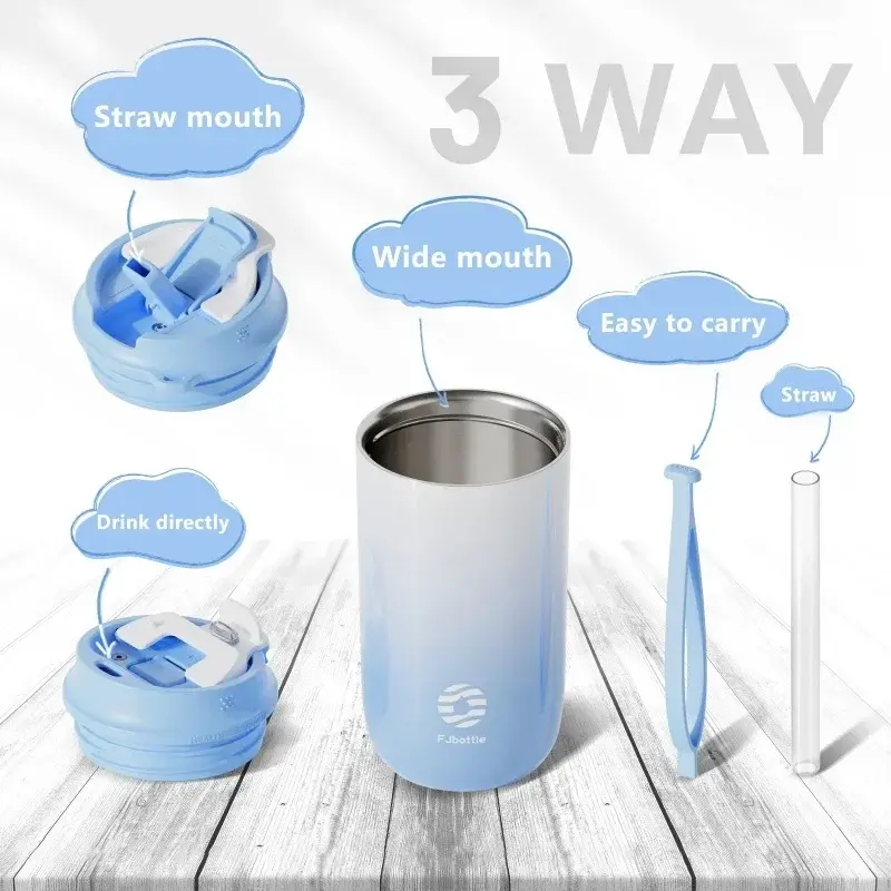 450ml Straw Coffee Cup Stainless Steel Thermos Mug Gradient Leak-Proof Thermos Bottle Portable Travel Vacuum Flask Insulated Cup