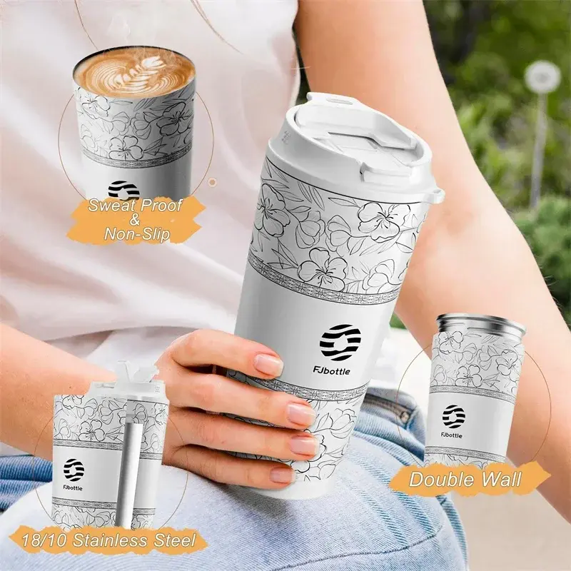 500ml Stainless Steel Vacuum Flask Flower Coffee Mug Straw & Direct Drinking Double Wall Insulated Tumbler Portable Thermal Mug