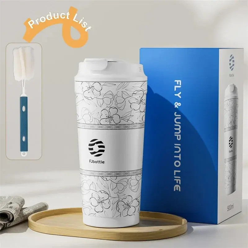 500ml Stainless Steel Vacuum Flask Flower Coffee Mug Straw & Direct Drinking Double Wall Insulated Tumbler Portable Thermal Mug