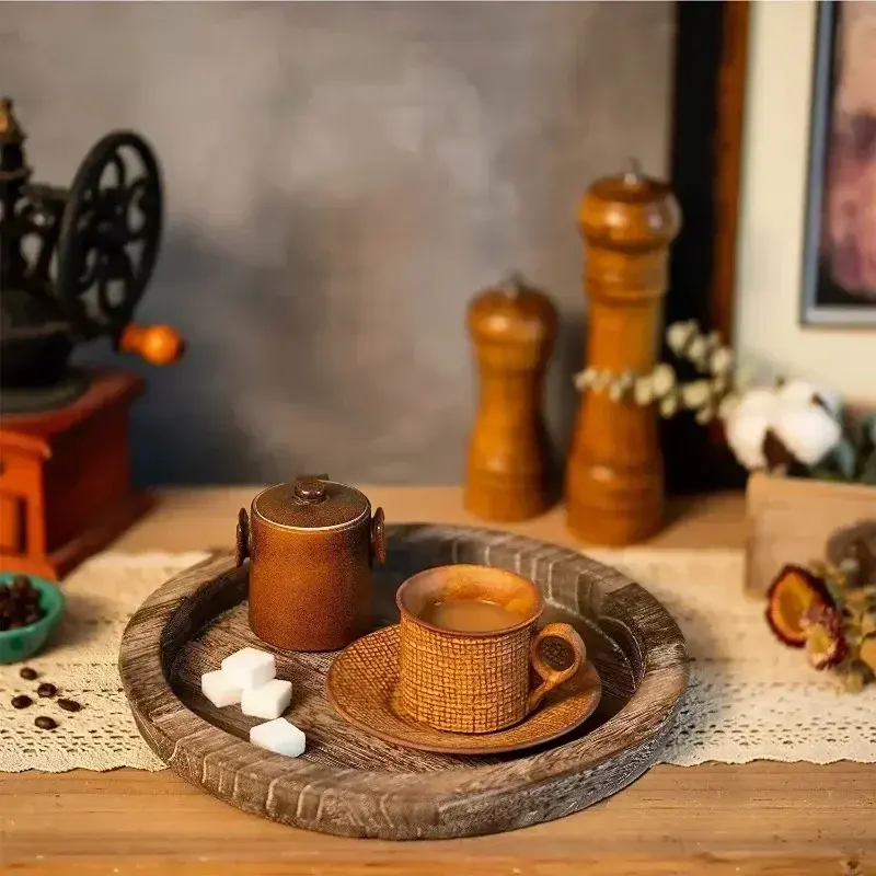 Retro Wooden Storage Tray Beveled Edge Tray Round Candlestick Wooden Tray Fruit Bread Snack Dinner plate Home Table Decoration