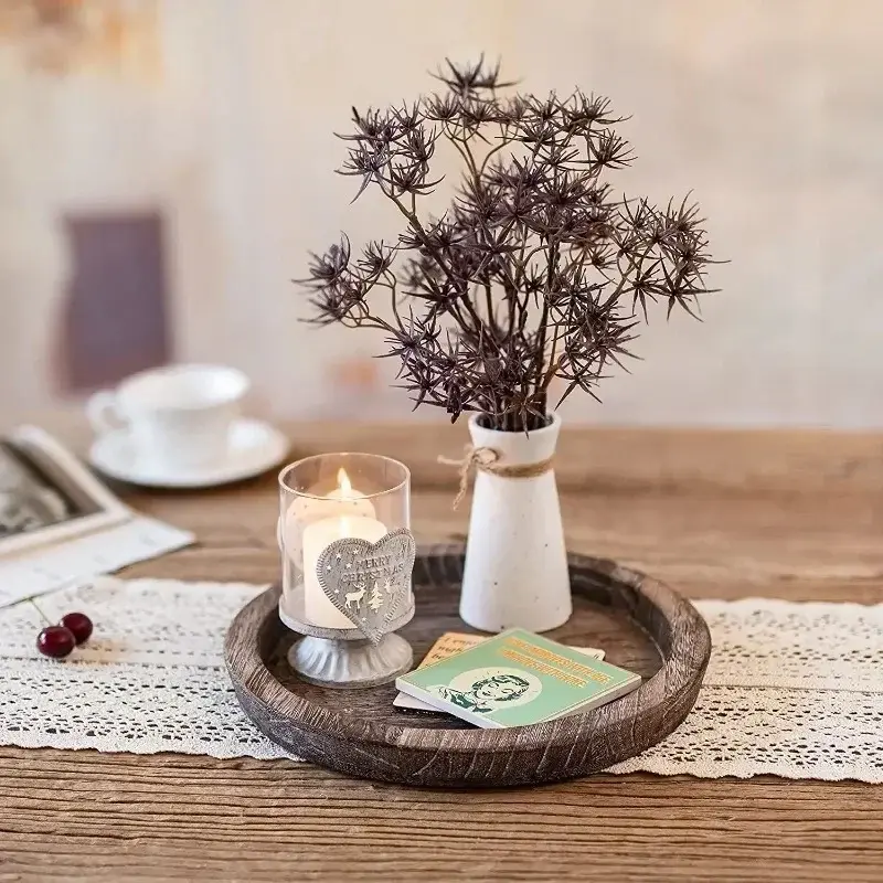 Retro Wooden Storage Tray Beveled Edge Tray Round Candlestick Wooden Tray Fruit Bread Snack Dinner plate Home Table Decoration