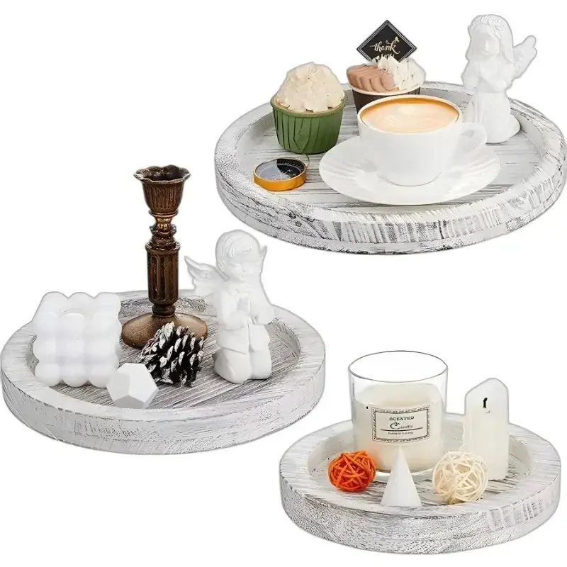 Retro Wooden Storage Tray Beveled Edge Tray Round Candlestick Wooden Tray Fruit Bread Snack Dinner plate Home Table Decoration