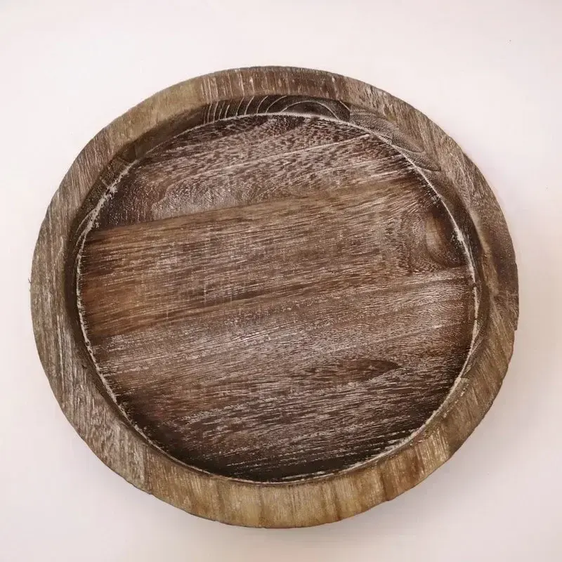 Retro Wooden Storage Tray Beveled Edge Tray Round Candlestick Wooden Tray Fruit Bread Snack Dinner plate Home Table Decoration