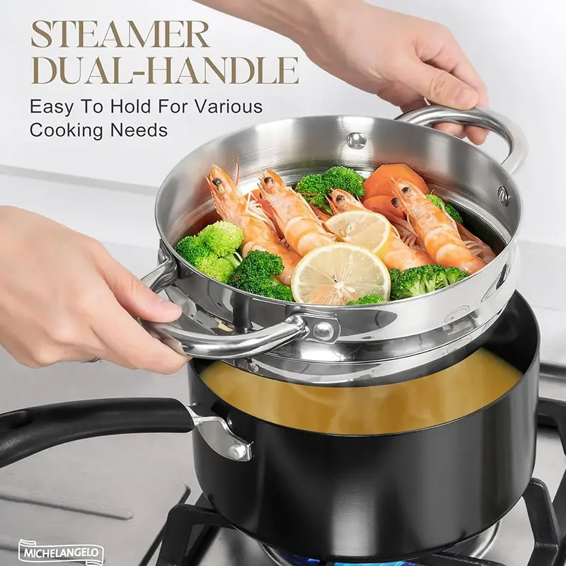 MICHELANGELO Ceramic Sauce Pan Sets with Steamer Nonstick Saucepan with Lid Multi-Purpose Cooking Pots Milk Pot Sauce pan