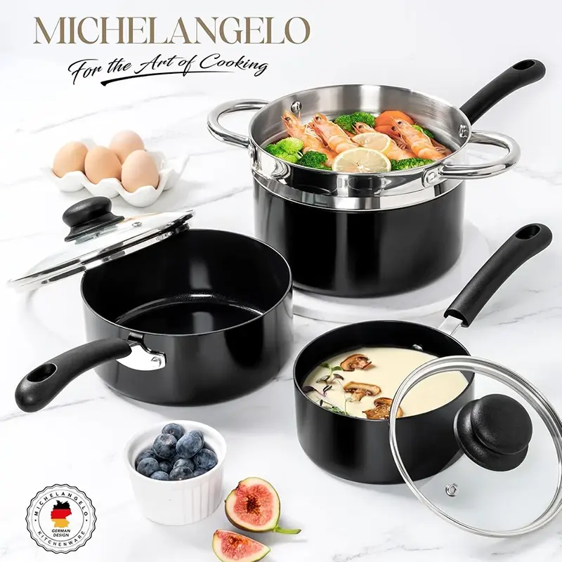 MICHELANGELO Ceramic Sauce Pan Sets with Steamer Nonstick Saucepan with Lid Multi-Purpose Cooking Pots Milk Pot Sauce pan