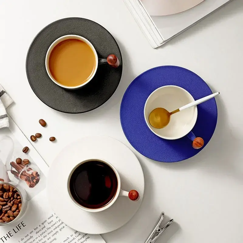 Blue Retro Ceramic Coffee Cup with Saucer 130ml Wooden Handle Tea Water Cup Filter Tea Mug Handmade Frosted Tea Coffee Cup Gift