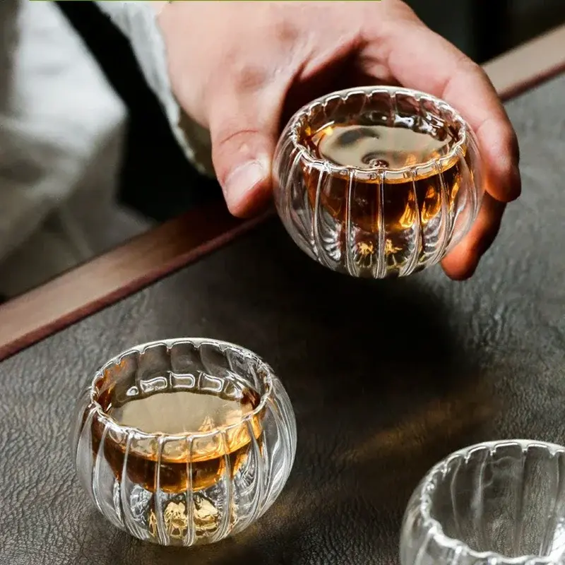 2/6Pcs 50ml Transparent Striped Glass Pumpkin Shape Tea Cup Heat-Resistant Oatmeal Milk Coffee Cup Household Tea Mug Drinkware