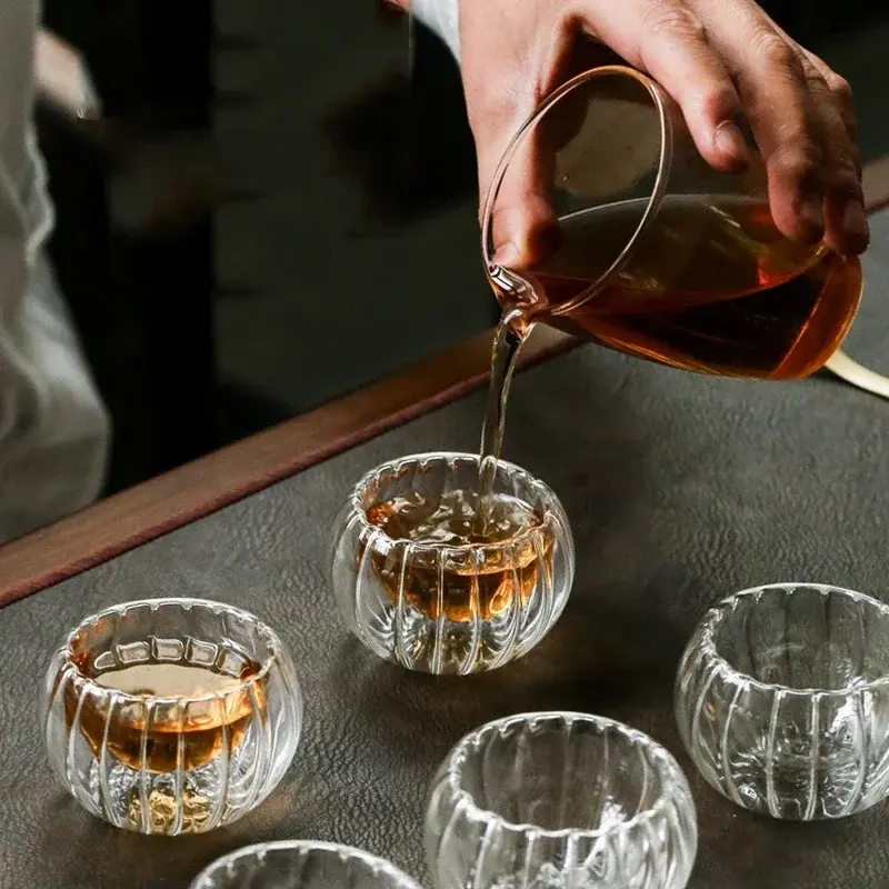 2/6Pcs 50ml Transparent Striped Glass Pumpkin Shape Tea Cup Heat-Resistant Oatmeal Milk Coffee Cup Household Tea Mug Drinkware