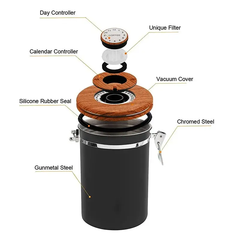 304 Stainless Steel Coffee Canister 1.8L Coffee Bean Vacuum Sealed Tank Coffee Bean Tea Storage Container Grain Nut Sealed Cans