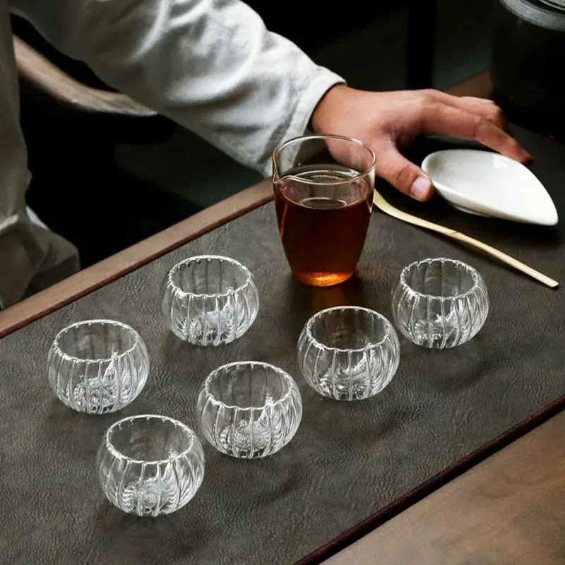 2/6Pcs 50ml Transparent Striped Glass Pumpkin Shape Tea Cup Heat-Resistant Oatmeal Milk Coffee Cup Household Tea Mug Drinkware