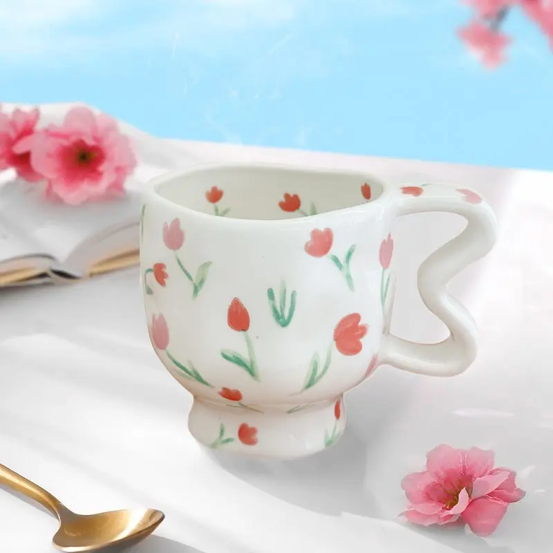 Creative Ceramic Coffee Cup Hand Pinched Irregular Mug with Handle Floral Pattern Breakfast Milk Cereal Cup Couple Birthday Gift
