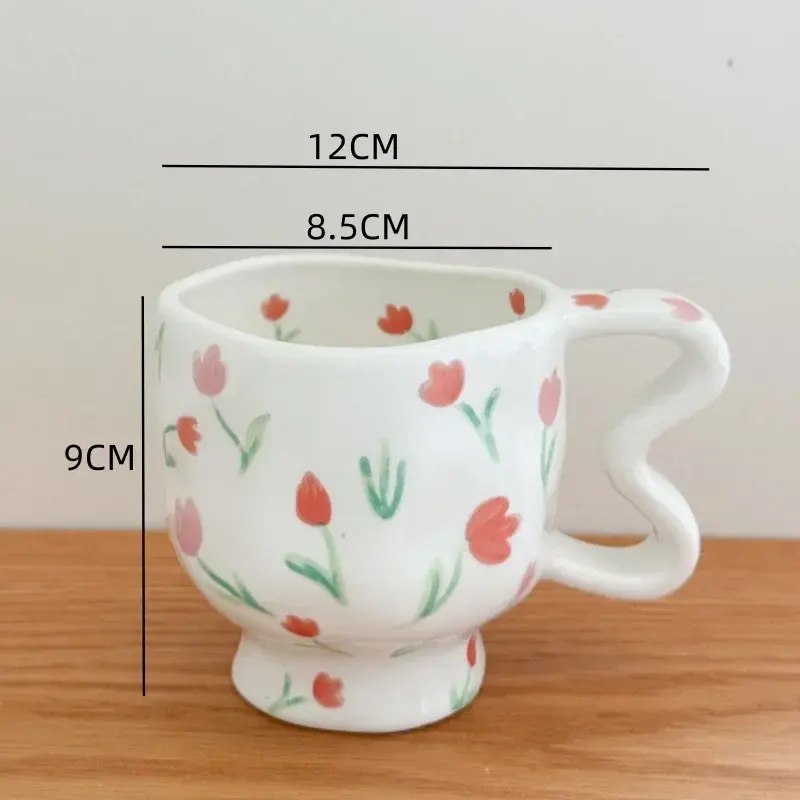 Creative Ceramic Coffee Cup Hand Pinched Irregular Mug with Handle Floral Pattern Breakfast Milk Cereal Cup Couple Birthday Gift