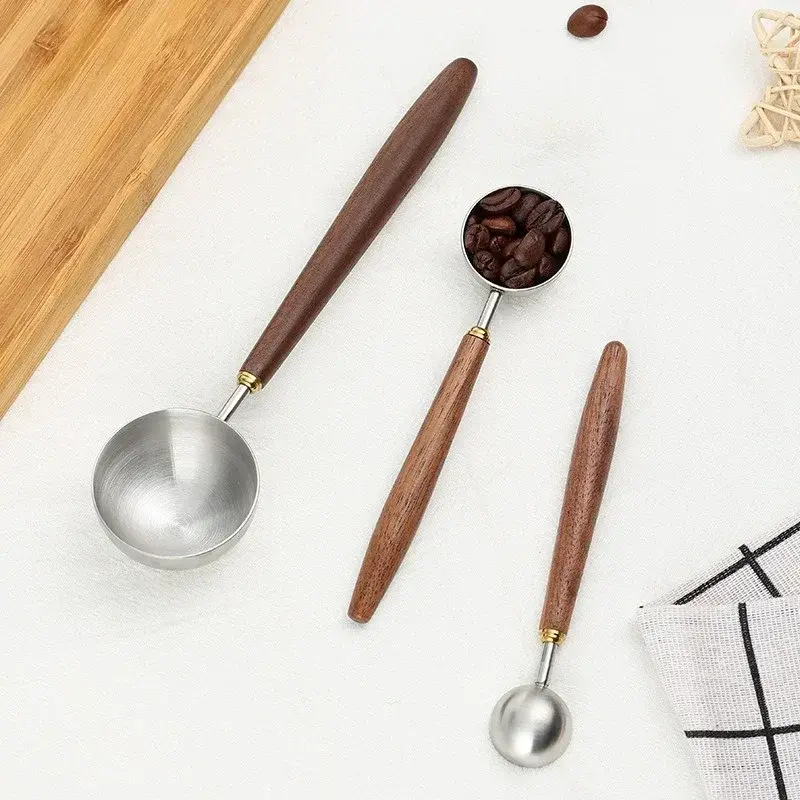 Stainless Steel Coffee Measuring Spoon Walnut Handle Coffee Bean Spoon Coffee Brewing Tool Kitchen Coffee Baking Accessories