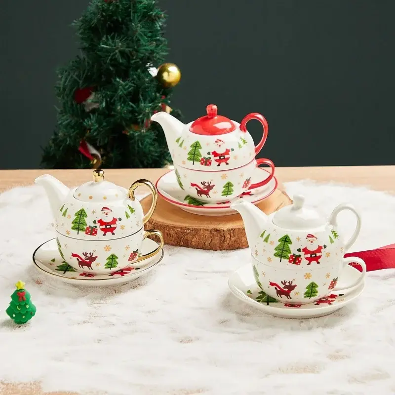 420ml Christmas Ceramic Gold-plated Teapot Cup and Saucer Set with Christmas Graffiti Coffee Flower Tea Set Christmas Gift