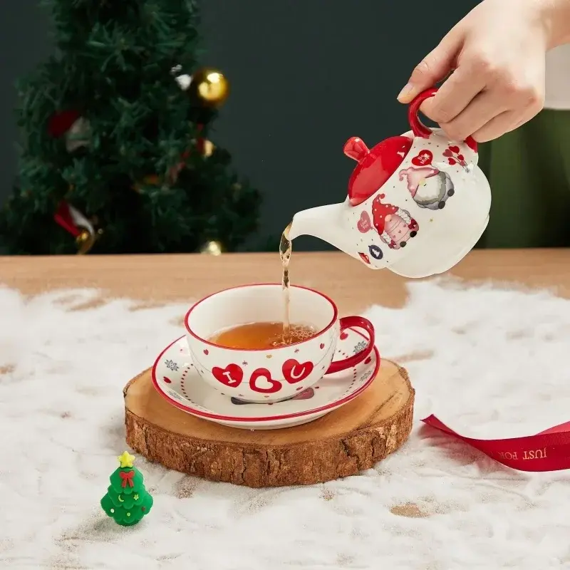 420ml Christmas Ceramic Gold-plated Teapot Cup and Saucer Set with Christmas Graffiti Coffee Flower Tea Set Christmas Gift