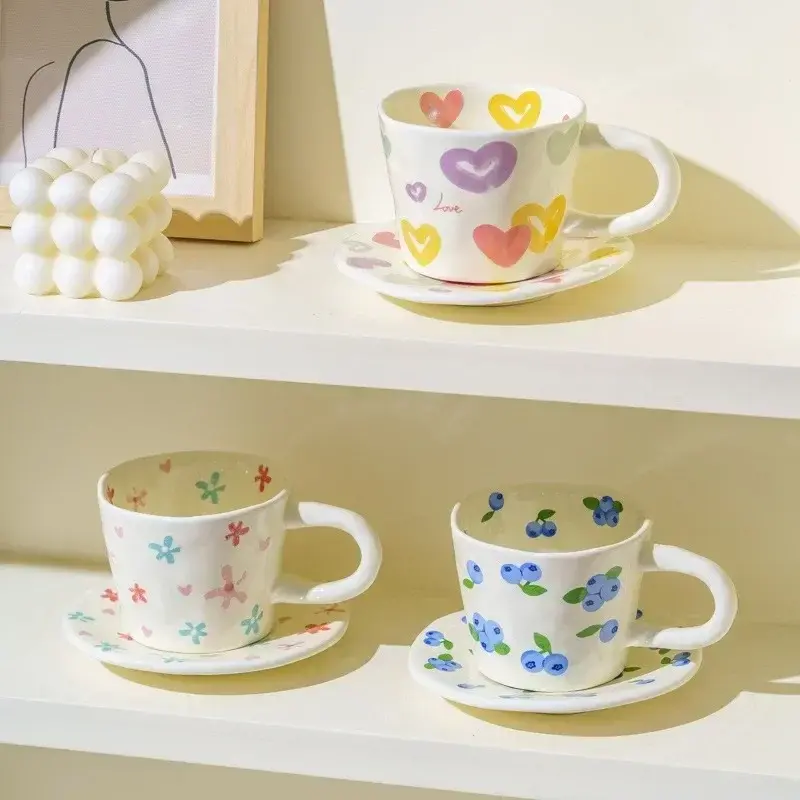 Hand Pinched Ceramic Mugs and Saucers Coffee Cup Cute Hand Painted Floral Blueberry Love Milk Tea Cups Breakfast Drinkware Mugs