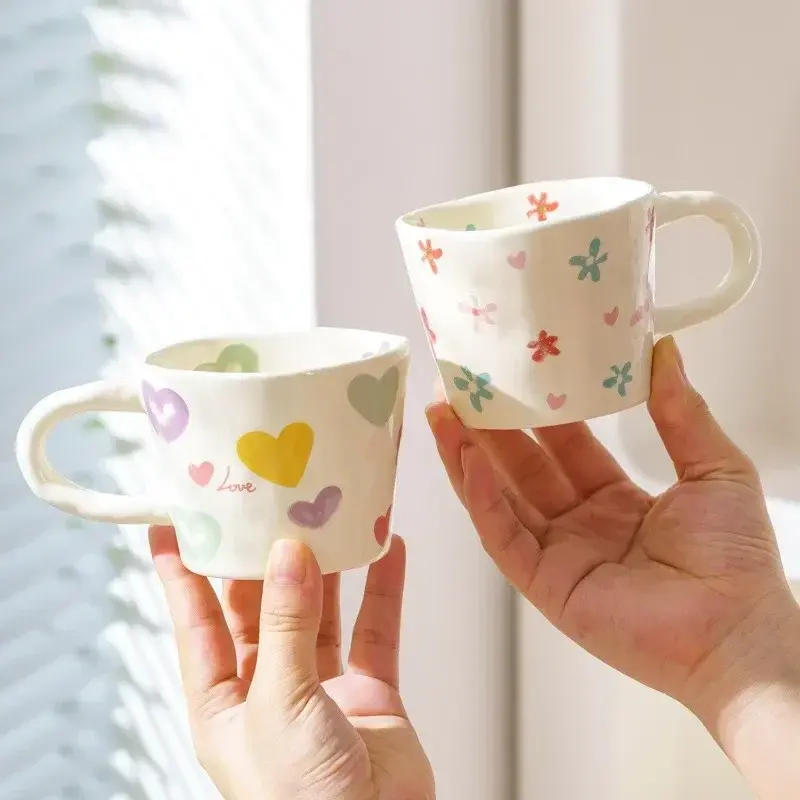Hand Pinched Ceramic Mugs and Saucers Coffee Cup Cute Hand Painted Floral Blueberry Love Milk Tea Cups Breakfast Drinkware Mugs