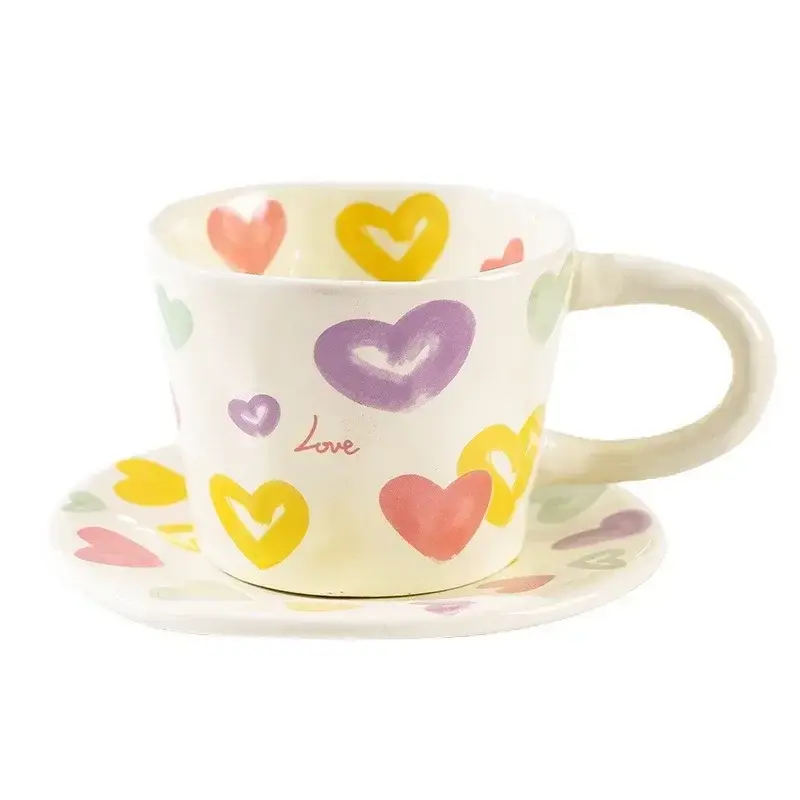 Hand Pinched Ceramic Mugs and Saucers Coffee Cup Cute Hand Painted Floral Blueberry Love Milk Tea Cups Breakfast Drinkware Mugs