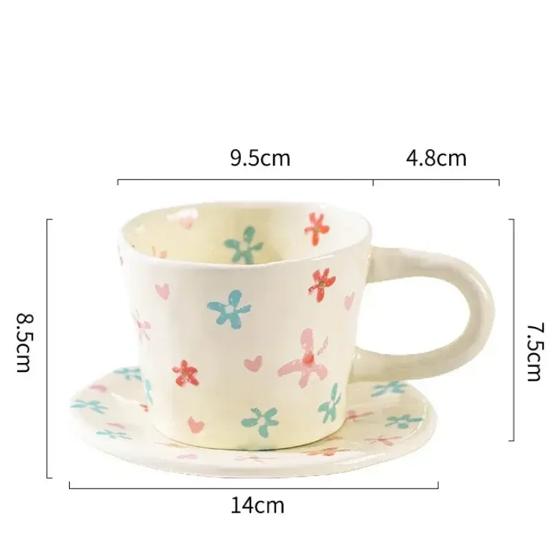 Hand Pinched Ceramic Mugs and Saucers Coffee Cup Cute Hand Painted Floral Blueberry Love Milk Tea Cups Breakfast Drinkware Mugs