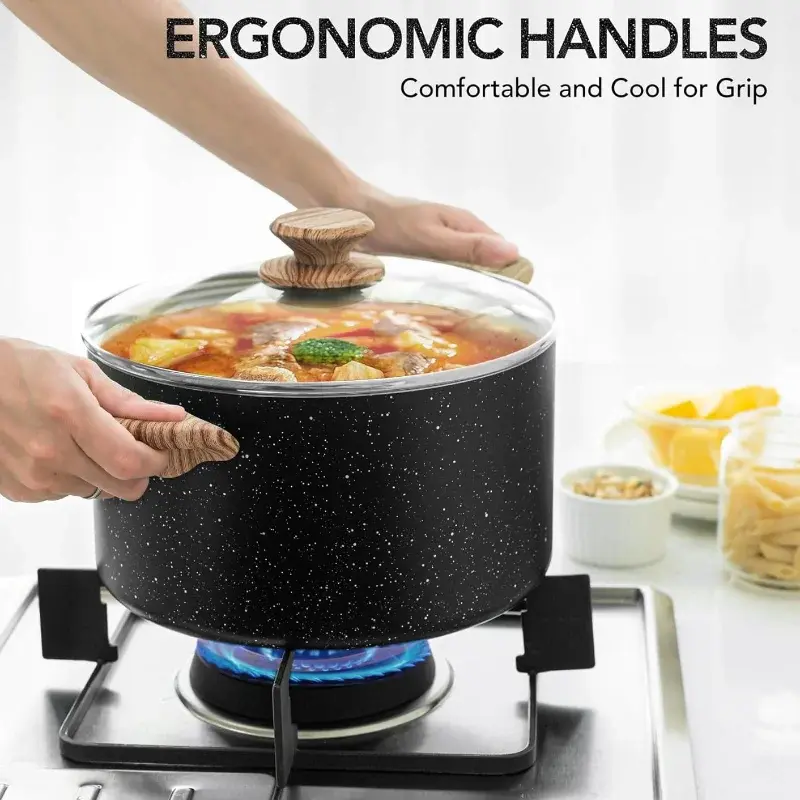 MICHELANGELO 5 Quart Stock Pot with Lid Cooking Pot Nonstick Pot with Wood Handle Granite Sauce Pan Induction Pot for Cooking