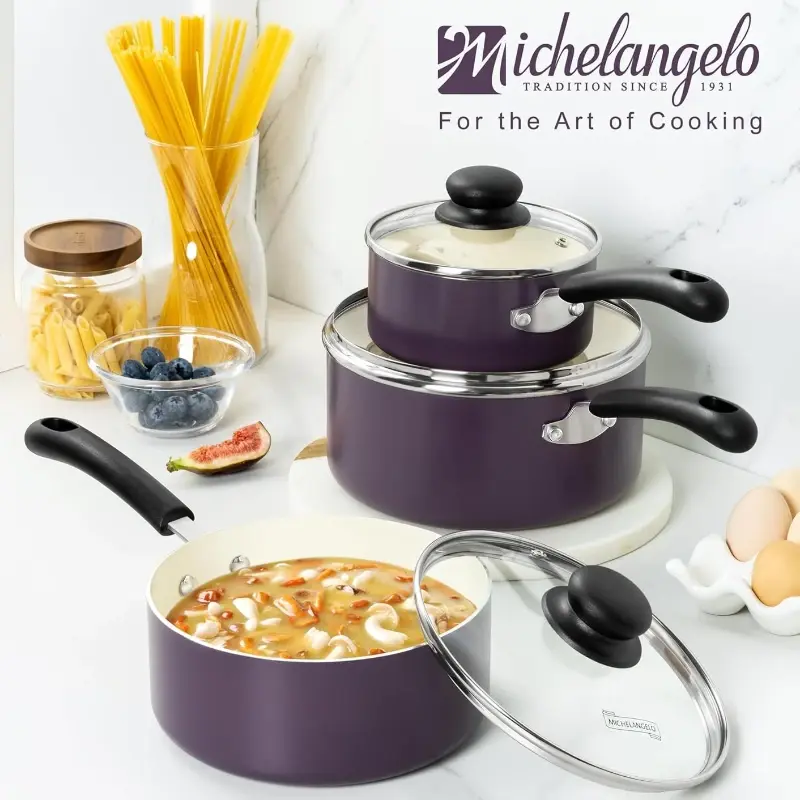 MICHELANGELO Nonstick Sauce Pan Set with Lid 1Qt&2Qt&3Qt Ceramic Coating Saucepan Milk Pot with Stay-Cool Handle Induction Pots