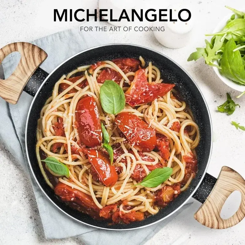 MICHELANGELO 5 Quart Stock Pot with Lid Cooking Pot Nonstick Pot with Wood Handle Granite Sauce Pan Induction Pot for Cooking