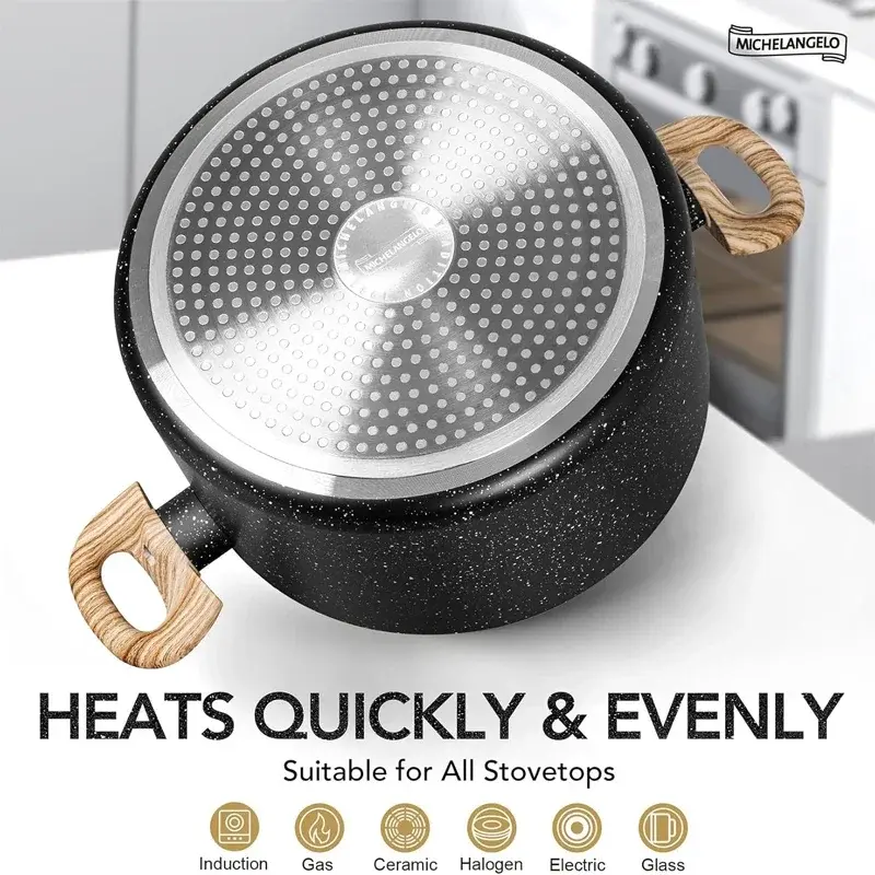 MICHELANGELO 5 Quart Stock Pot with Lid Cooking Pot Nonstick Pot with Wood Handle Granite Sauce Pan Induction Pot for Cooking