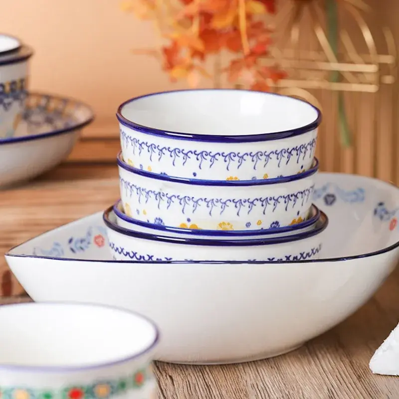 Ceramic Bowls Plate Floral Pattern Ceramic tableware Rice soup bowl Fish plate Dinner Plate Salad Dessert Plates Microwavable
