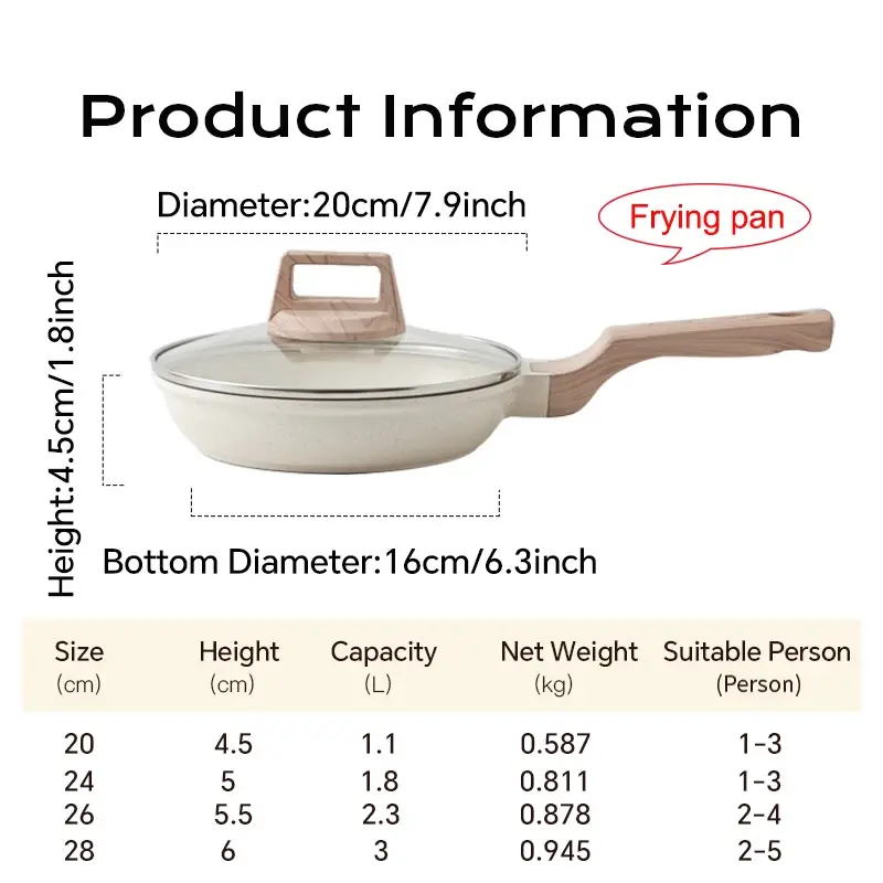 DONNOR 20-28cm Non-stick Frying Pan Wok Pan with Lid Ceramic Pot Chef Pan Induction Gas Stove Universal Steak Omelette Pan