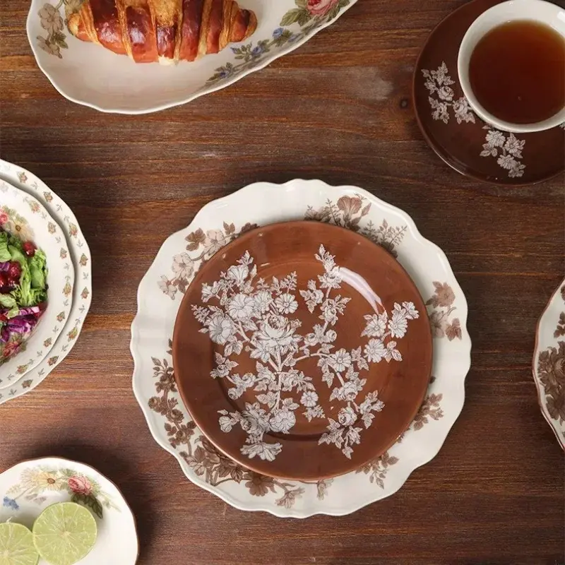 SOLECASA European Style Retro Ceramic Tableware Rose Pattern Bowl Plates Dessert Dish Spaghetti Plate Fruit Salad Bowl household