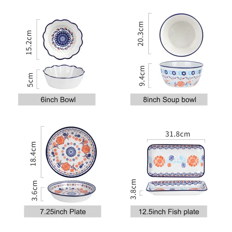 Ceramic Bowls Plate Floral Pattern Ceramic tableware Rice soup bowl Fish plate Dinner Plate Salad Dessert Plates Microwavable