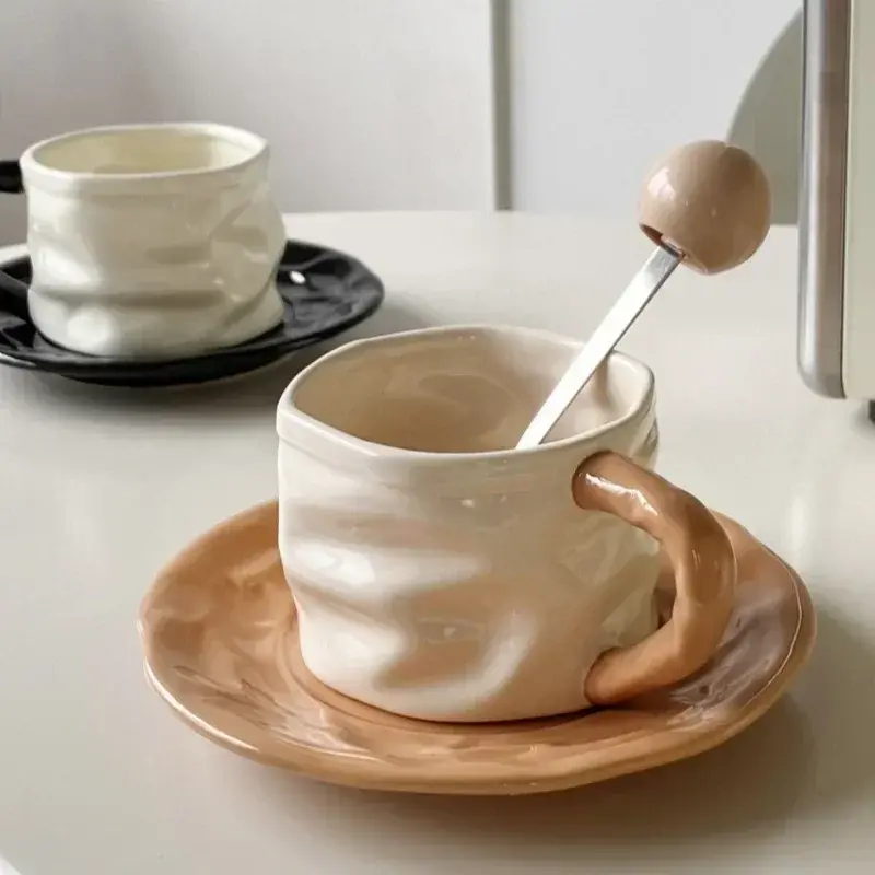 230ml Ceramics Mug Exquisite Pleated design Ceramics Coffee Cup and Saucer Set European style Afternoon tea cup Romantic gift