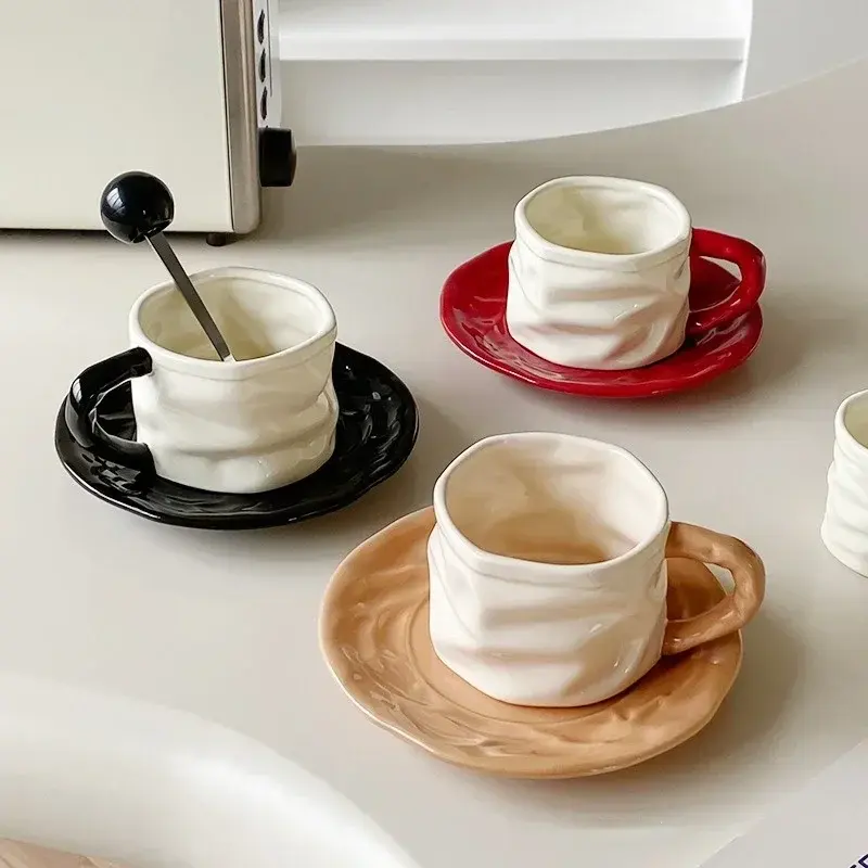 230ml Ceramics Mug Exquisite Pleated design Ceramics Coffee Cup and Saucer Set European style Afternoon tea cup Romantic gift