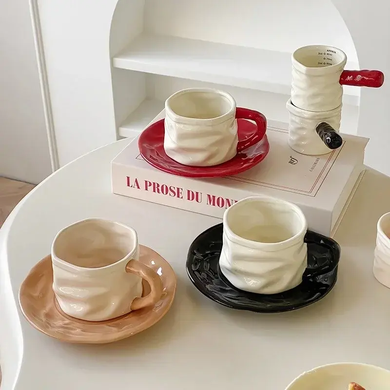 230ml Ceramics Mug Exquisite Pleated design Ceramics Coffee Cup and Saucer Set European style Afternoon tea cup Romantic gift