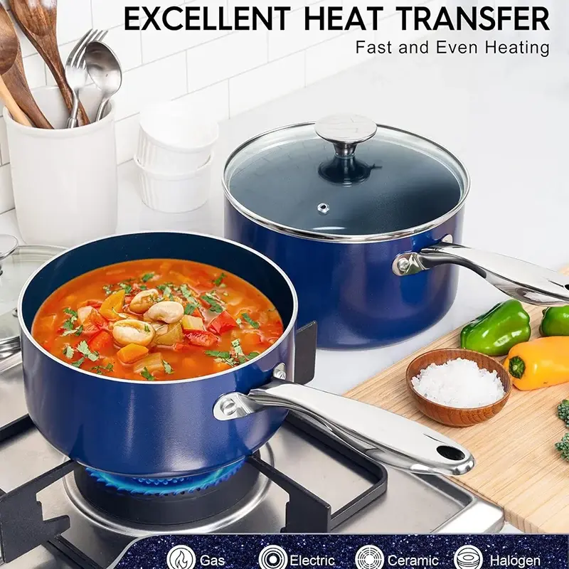 MICHELANGELO Blue Nonstick Saucepan with Lid 1QT/2QT Ceramic Sauce Pan with Stainless Steel Handle Milk Pot Cooking Soup Pot