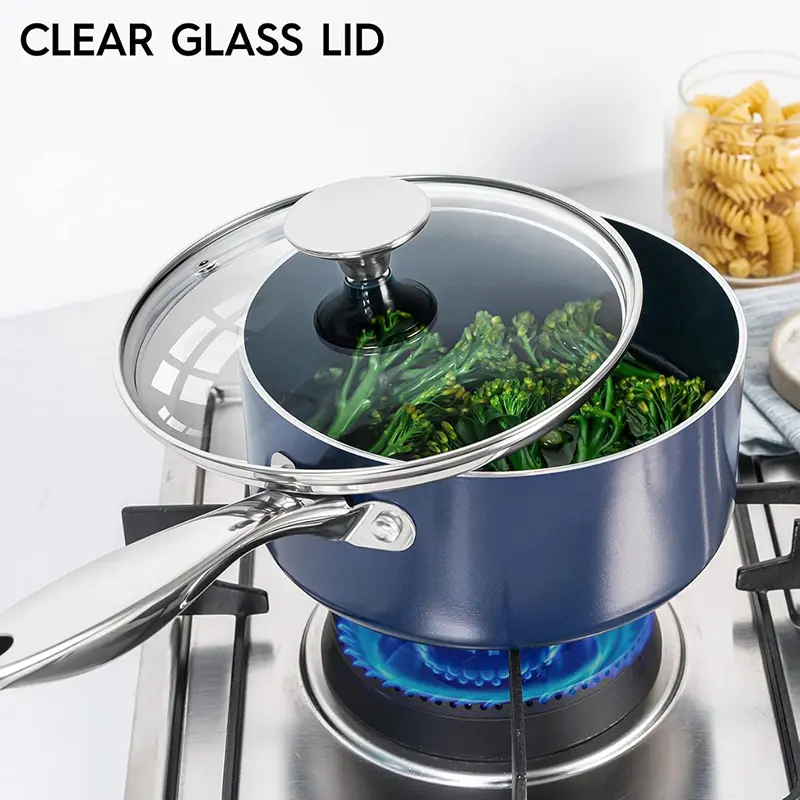 MICHELANGELO Blue Nonstick Saucepan with Lid 1QT/2QT Ceramic Sauce Pan with Stainless Steel Handle Milk Pot Cooking Soup Pot