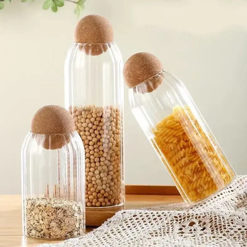 500-1300ml Glass Stripe Sealed Storage Tank with Cork Stopper Kitchen Storage Box Coffee Beans Nuts Candy Food spices Container